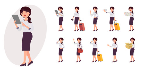 Cartoon character design female collection in ten different pose and gesture