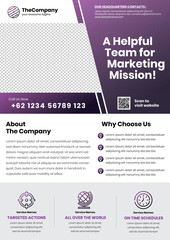 A4 brochures or phamplet or flyer template with big right title and horizontal services icon in bottom part style 6 - purple color