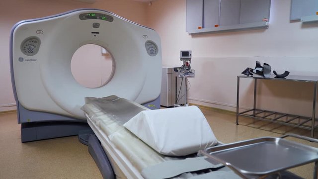 Hospital, view of magnetic resonance imaging machine, medical equipment.
