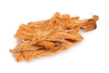 Pounded pork jerky, Dry pork pounding with meat tenderizer isolated on a white background