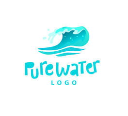 Vector flat illustration of water splashes emblem isolated on white background. Water wave curling icon. Hand written font. Good for pure water label, logo design, packaging label.