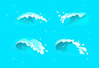 Vector collection of flat blue water waves, splatters, curves icons isolated on blue background. Pure water splatters set, good for environment elements design, packaging emblems, banners, logo etc.