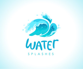 Obraz premium Vector flat illustration of water splashes emblem isolated on white background. Water wave curling icon. Hand written font. Good for pure water label, logo design, packaging label.
