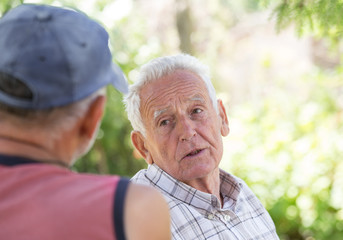 Two senior men talking in park