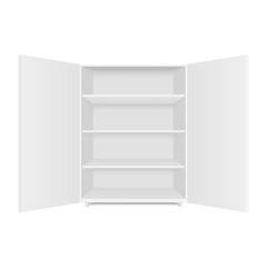 Blank empty showcases display with retail shelves. Front view. Vector mock up template ready for your design