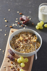 healthy breakfast with muesli and milk style marble background