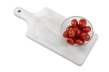 Bowl Of Fresh Cherry Tomatoes On Wooden Cutboard Isolated