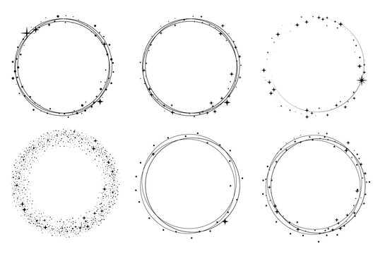 Set of vector graphic circle frames. Wreaths for design, logo template. Stardust, stars, starry sky