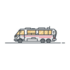Big caravan or camper motorhome. Six wheels, big windows car. Family road trip concept. Traveling on vehicle on the road. Line style trendy retro illustration. Camping on wheels.