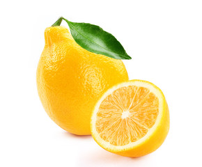 fresh lemon with slice and leaf isolated white background