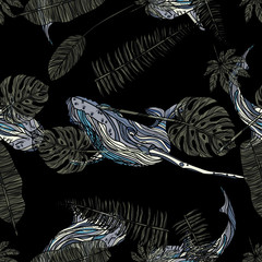 Seamless pattern with whales and  tropical leaves.