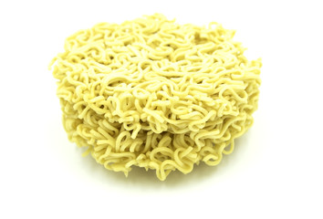 Yellow Round dry instant noodle isolated on white background of file with Clipping Path .