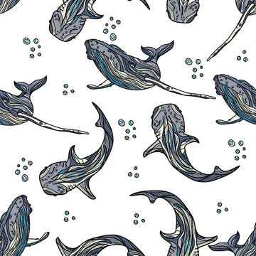 Seamless pattern with whales  and bubbles.