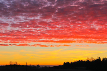 Famous red and orange winter sunrise on Czech countryside with dark trees