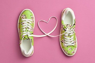 Fashion Trendy Trainers with Heart. Woman Set. Pastel Pink Color. Minimal Style. Summer Floral Sneakers. Flat lay. Spring lady. Art Design. Love, Valentines day concept