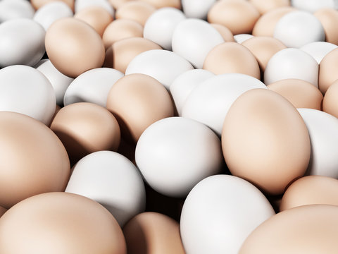 Brown and white fresh farm eggs. 3D illustration