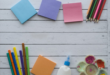 Top view with copy space. Flat lay of office and business stationery supplies