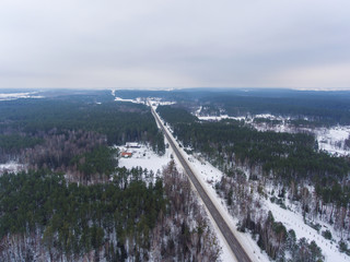 Aerial view over misty winter forest full of pine trees. Aerial photography during winter season.