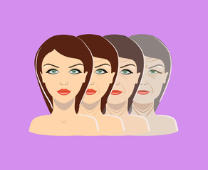 Vector aging process. Four stages of face changing on the purple background
