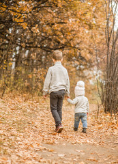 the elder brother walks with his younger sister in the autumn park