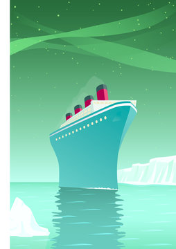 Vintage style vector illustration of giant cruise ship with icebergs on arctic ocean under northern lights