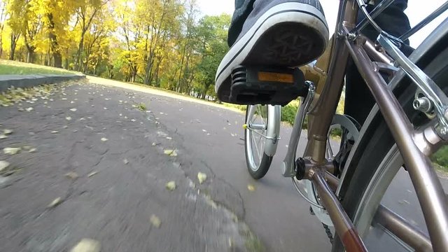 

 Man  goes by bicycle on autumn park with yellow leaves. Point of view camera filming
