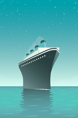 Vintage style vector illustration of giant cruise ship on the ocean at night