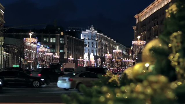 decorations for the holiday of new year and Christmas on the streets of Moscow. Time lapse