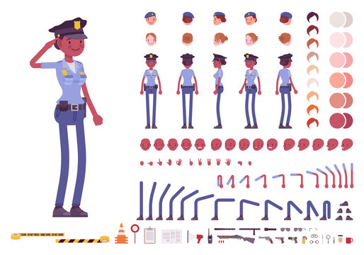 Young black policewoman character creation set