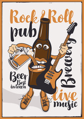 Vector banner for Rock and roll pub with inscriptions brewery, beer, best in town, live music. Illustration in a flat style with a cheerful bottle of beer that holds a guitar and a full glass of beer
