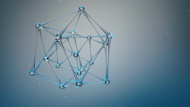 Molecular net chain from glass and crystal.Beautiful 3D render of crystal atom cells.Blue.Type 3