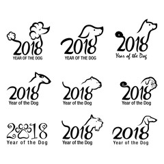 Year of the Dog icon set. Set of New Year 2018 Icon. Dog and Number Symbol of New Year.