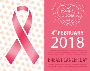 Breast cancer day card design. Pink ribbon on beautiful pattern. Vector illustration.
