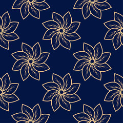 Golden floral seamless pattern on blue background