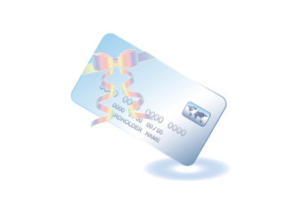 Bank card tied with a beautiful pink-blue bow - isolated on white background - vector art illustration
