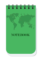 Fototapeta na wymiar Green notepad with world map logo - isolated on white background - vector art illustration