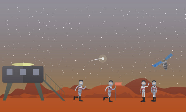 Mars mission concept vector illustration in flat style.
