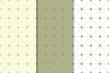 Olive green and white geometric ornaments. Set of seamless patterns