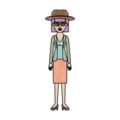 woman with hat and glasses and blouse with jacket and skirt and heel shoes with mushroom hairstyle in colored crayon silhouette