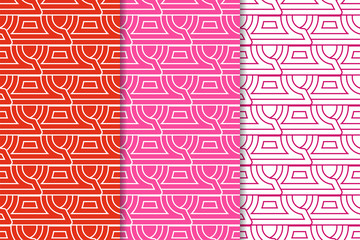 Geometric backgrounds. Red seamless wallpapers. Colored set