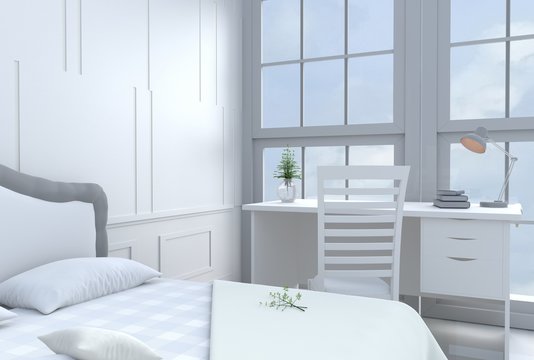 White bed room decor with tree in glass vase, pillows, blanket, window, sky, lamp, desk, book,bed, white wall it is pattern,The sun shines through the window into the shadows. 3d rendering.