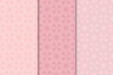Geometric backgrounds. Pale pink vertical seamless wallpapers. Colored set