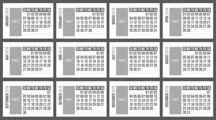 Minimalist Desk Calendar 2018. Week starts Sunday. Size: A5 (210×148 mm). CMYK colors. 12 Months