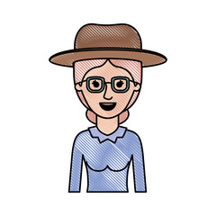 woman half body with hat and glasses and blouse long sleeve with collected hair in colored crayon silhouette