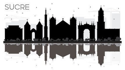 Obraz premium Sucre Bolivia City Skyline Black and White Silhouette with Reflections.