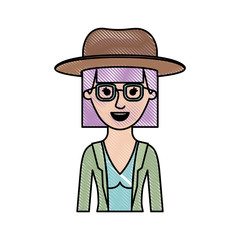 woman half body with hat and glasses and blouse with jacket with mushroom hairstyle in colored crayon silhouette