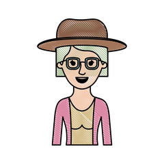 woman half body with hat and glasses and blouse with jacket and short hair in colored crayon silhouette