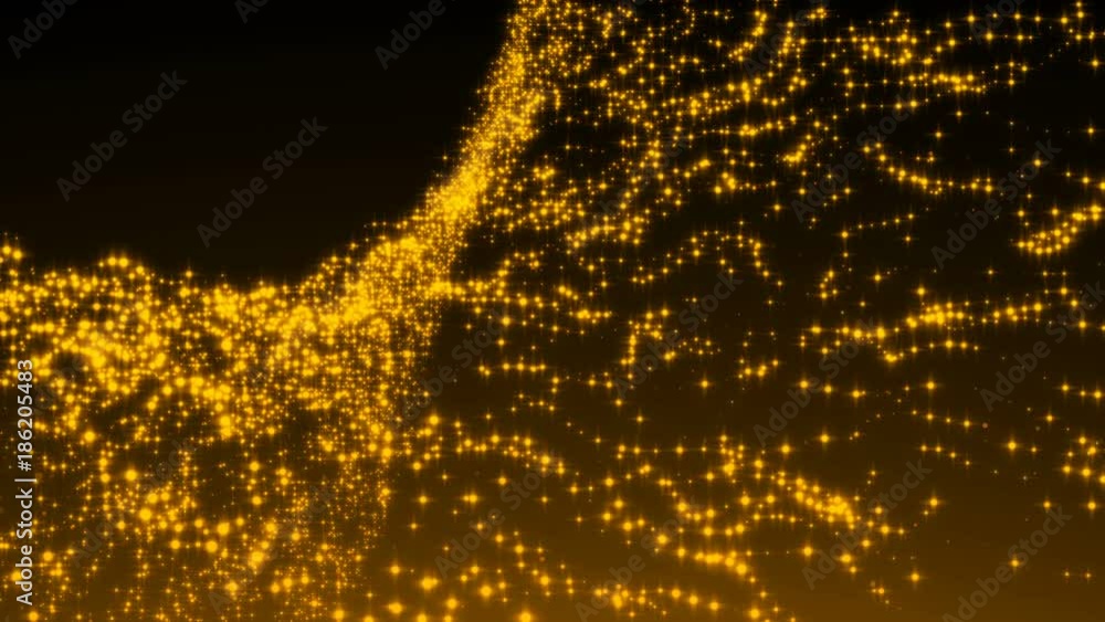 Poster luxurious gold sparkling particles wave background. seamless loop