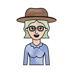 woman half body with hat and glasses with blouse long sleeve and short wavy hair in colored crayon silhouette