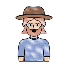 man half body with hat and t-shirt with mid length hair and beard in colored crayon silhouette